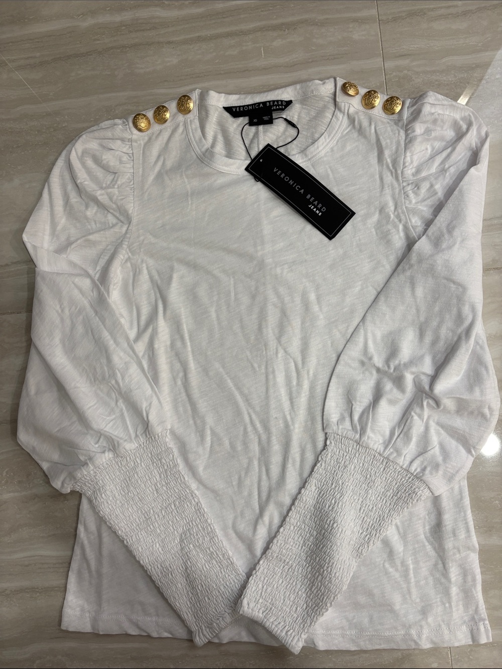 Veronica Beard White Puff-Sleeve Long Sleeve Top with Gold Buttons